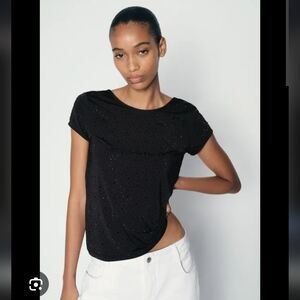 Zara Black Sequined Low Back  Short Sleeve Tee Top